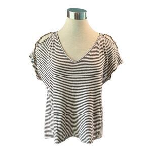 Lucky Brand Cream Black Open Shoulder Boxy Top Linen Large